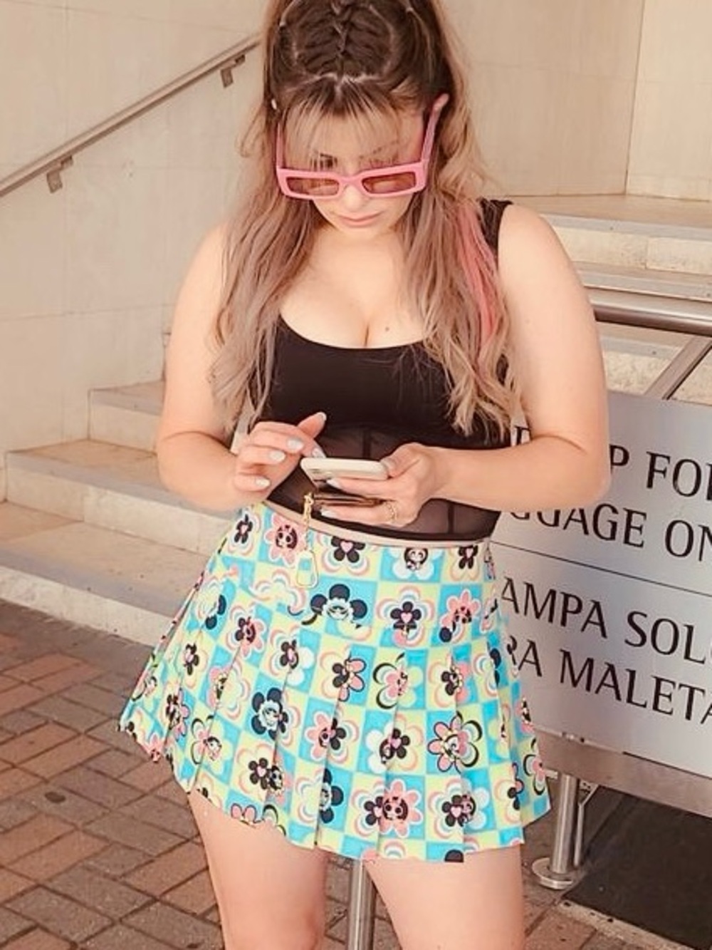 Dolls Kill Blue Floral Check Pleated Skirt